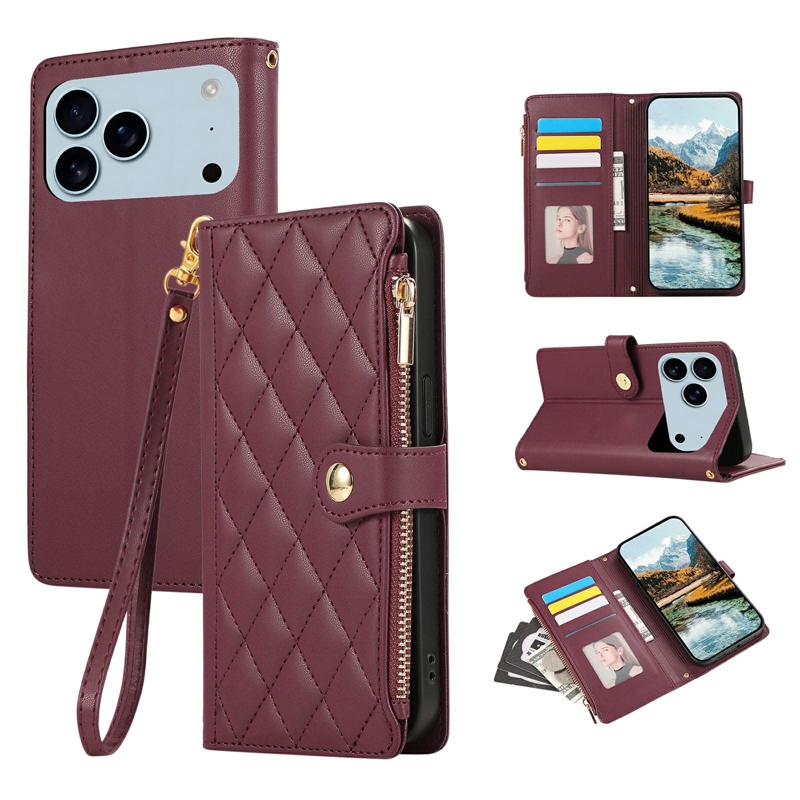 

For iPhone 17 Pro Max Case Multi Card Slots Zipper Rhombus Leather Phone Cover with Wrist Strap Wine Red