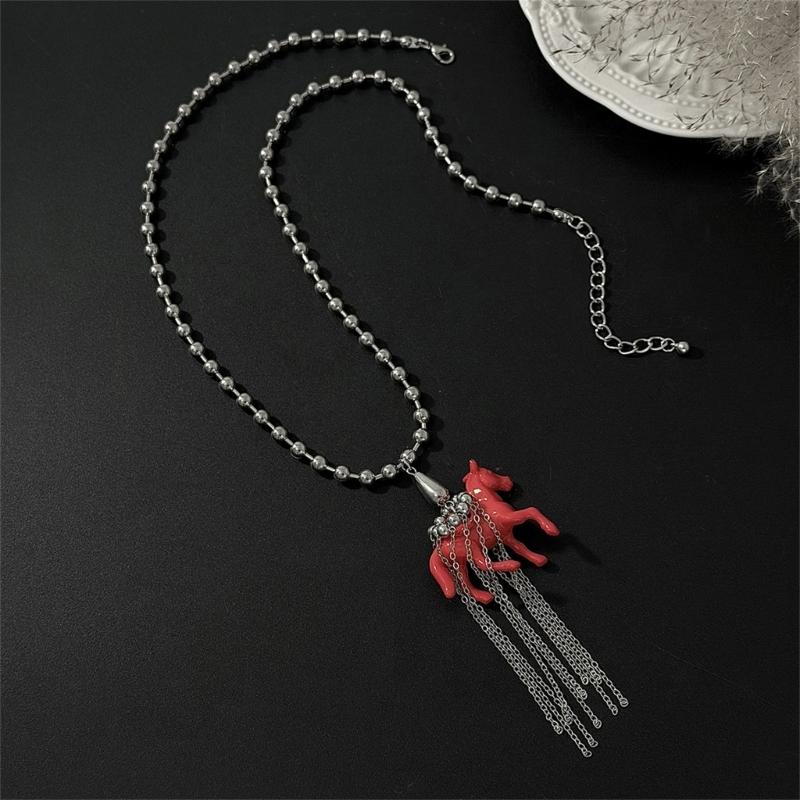 Stylish Tassels Necklace Featuring Adorable Horse Charm Adjustable Chain Length 61+7cm Neckchain Jewelry