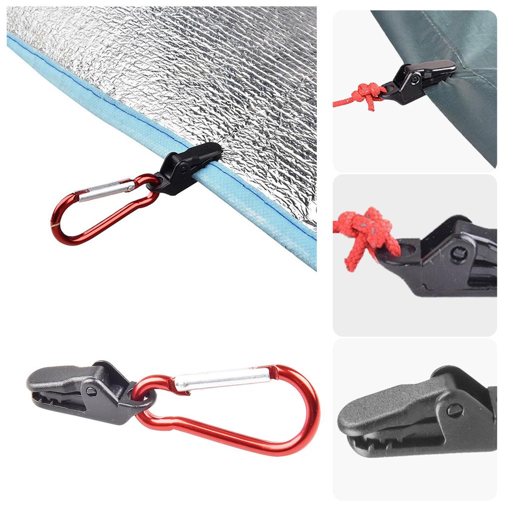 10Pcs Outdoor Camping Tent Clips Awning Tarp Clamp Windproof Tarpaulin Alligator Clips Tighten Lock Grip with Carabiner