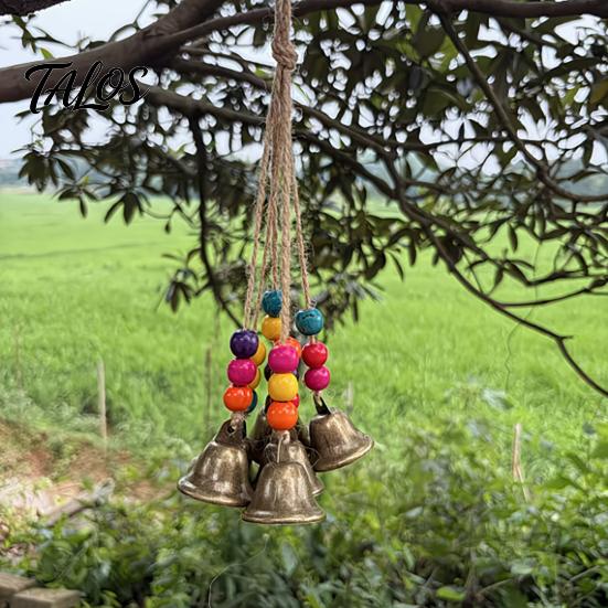 Exotic Style Home Decor Bohemian Metal Bell Pendant with Wooden Beads & Jute Rope, Retro Colorful Beaded Door Hanger Hanging Wind Chime for Window And