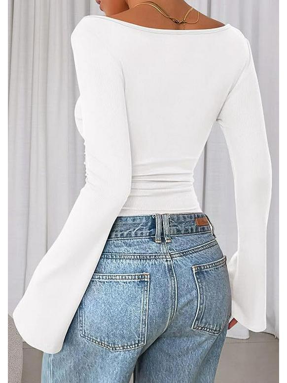 2025 Herbst Slim Fit Damen U-Boot-Ausschnitt Glockenärmel Gerafftes Oberteil - Einfarbig, Langarm