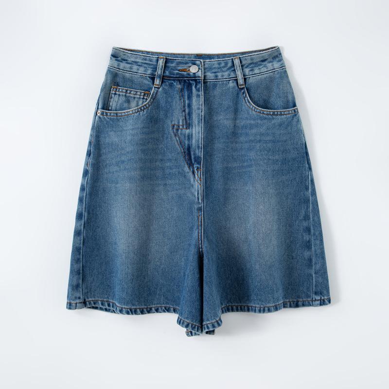 Summer 2025 Women's Blue High-Waisted Slimming A-Line Denim Shorts