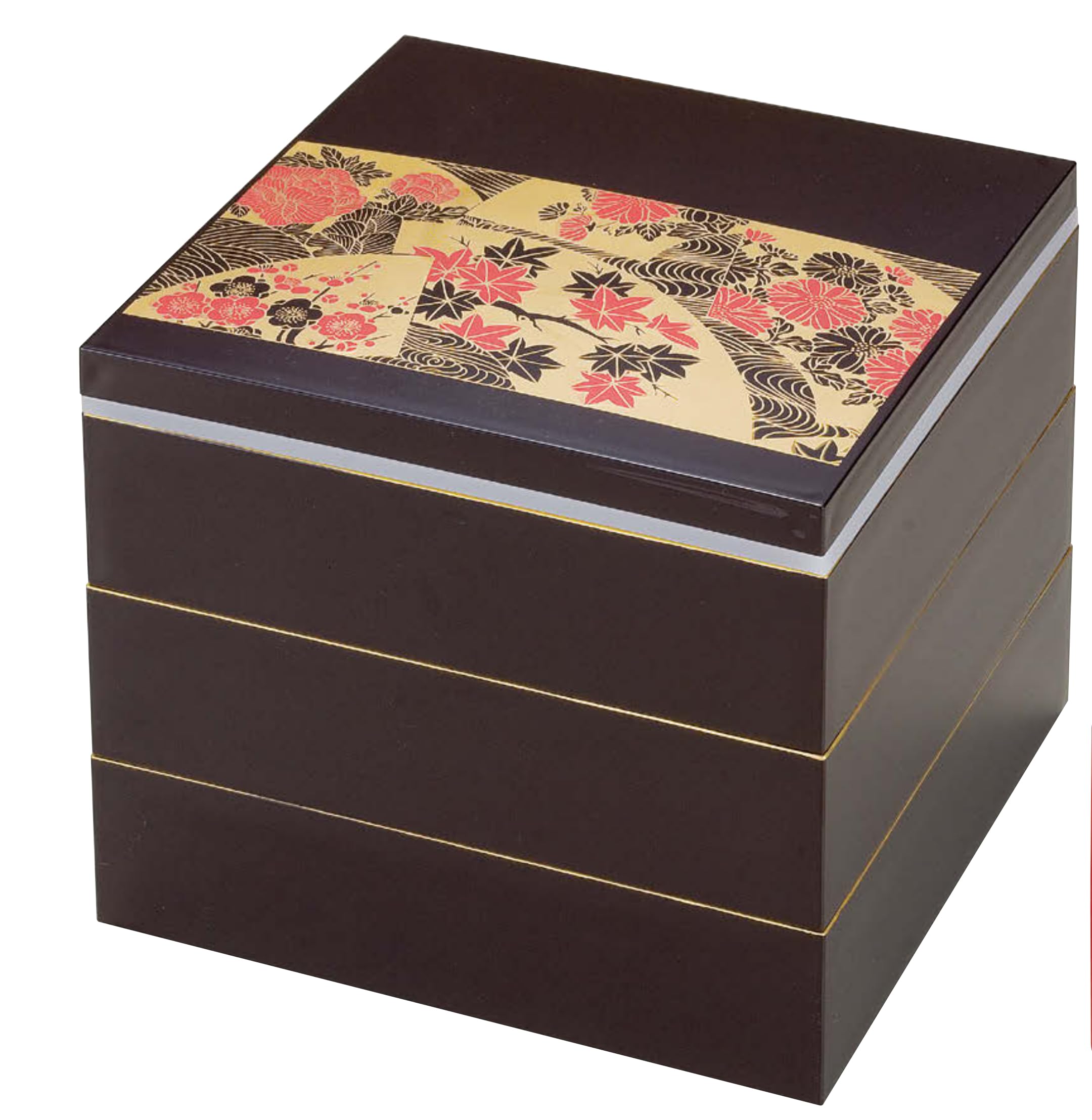 

Вакаидзуми Ямато Дзюбако с красной внутренней частью и золотом, с календарем Кареки, лаковая посуда, 7 дюймов (японский стиль) обод, трехъярусный дизайн,