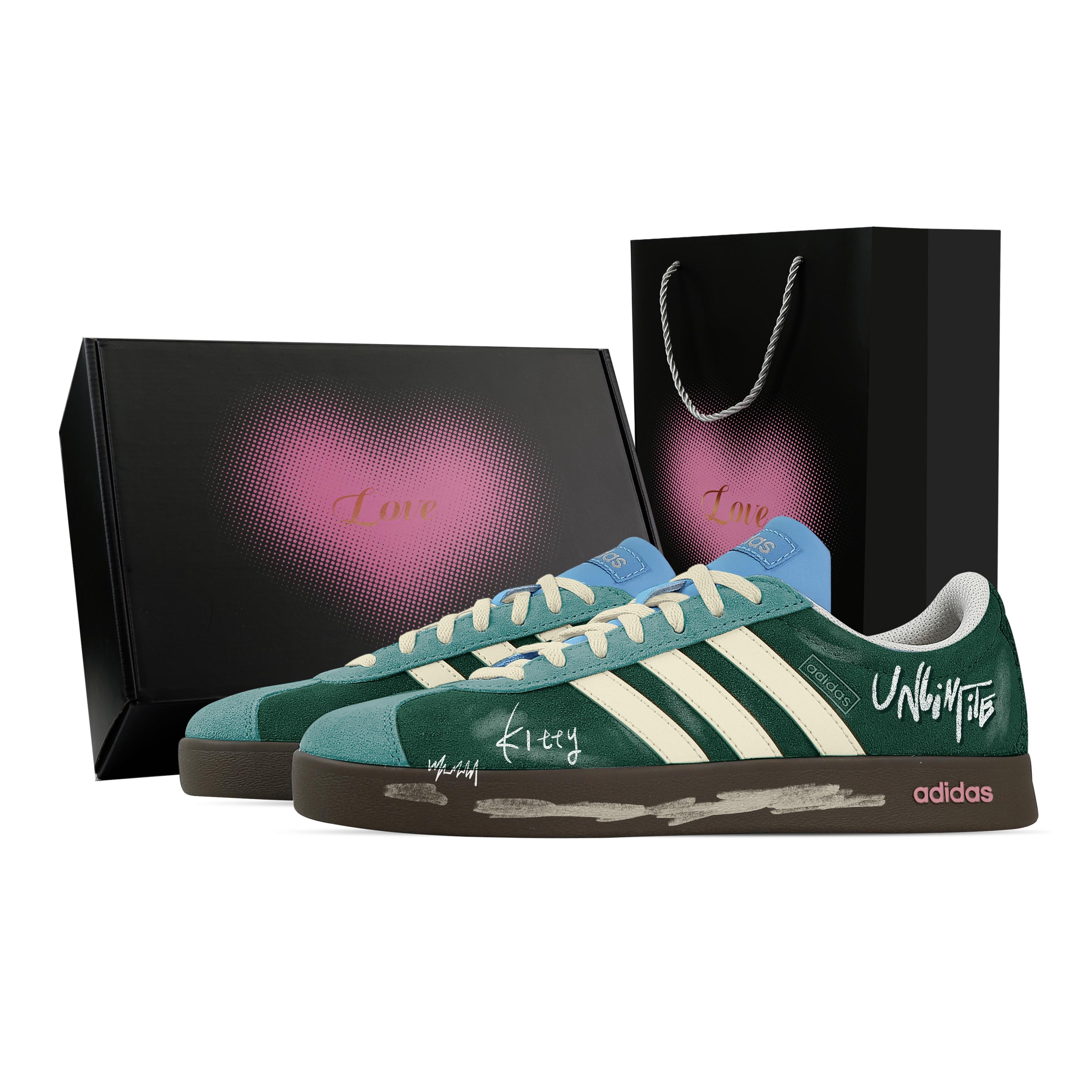 

Custom Adidas VL COURT 2.0 Green Wilderness Boundless, Heart Box Low top German Army Trainers Unisex Green JI0496(Team773--) 36