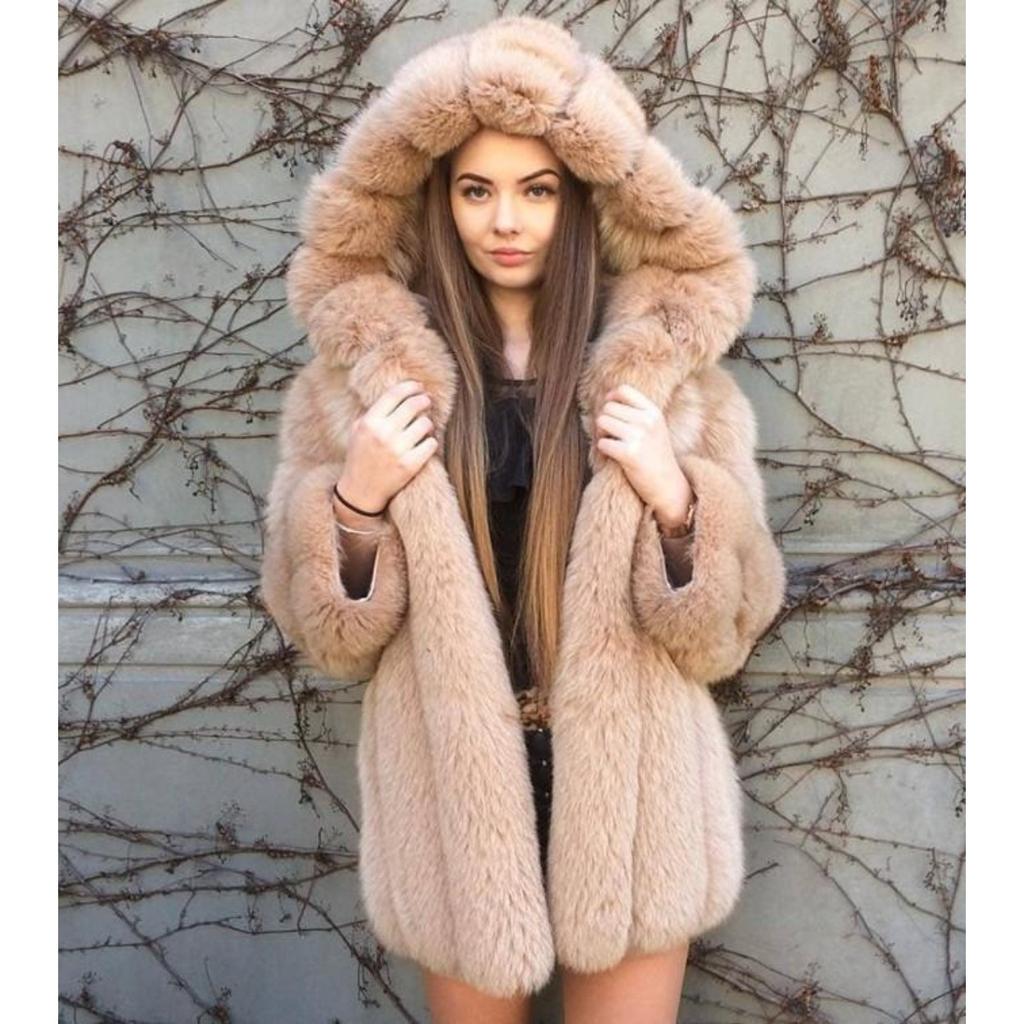 Herbst und Winter Fuchshaar Kunstpelz Mantel Damenmode Kapuze Freizeit Nähte Mittellanger Mantel