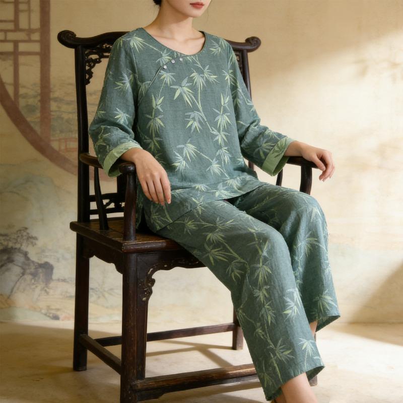 2026 Neues Damen Frühjahrs- und Herbst-Pyjama-Set 100% Baumwolle Jacquard Langarm Lange Hose Chinesisches Bambus Großes Hauskleid