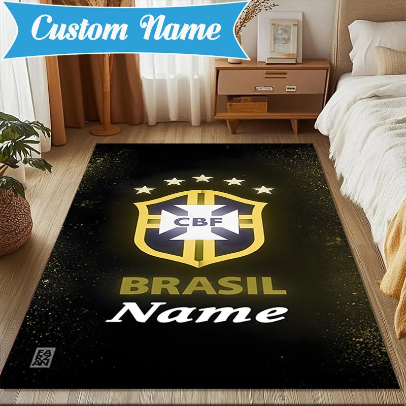 Custom Name Brasilian Pride Emblem Rug Game Carpet, Floor Mat for Bedroom Living Room Entryway Rug, Home Decor Idea Gift for Christmas birthday