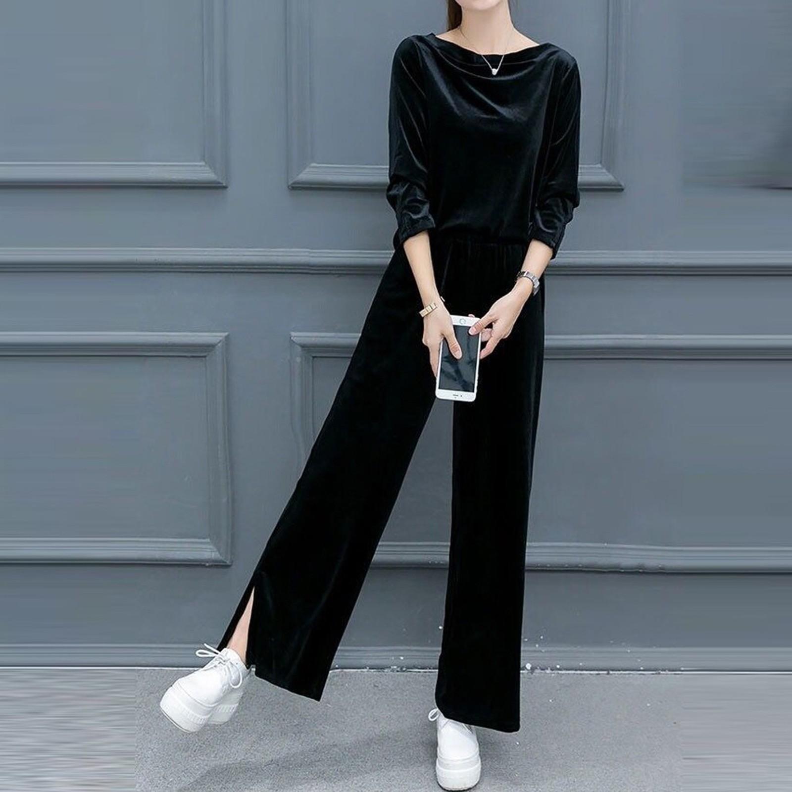 

Женский повседневный спортивный модный костюм большого размера, тонкие широкие брюки, бархатный комплект из двух предметов из канареечно... M чёрный