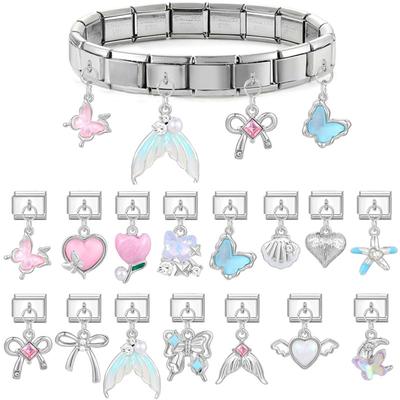 Y2K Dreamy Fishtail Butterfly Pink Heart Bow Pendant Italian Charm Link Fit 9mm Stainless Steel Bracelet Jewelry DIY Making Gift