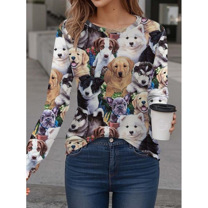 Spring and Autumn Fashion 3D Dog and Cat Printed Top Round Neck Long Sleeve Women's T-shirt