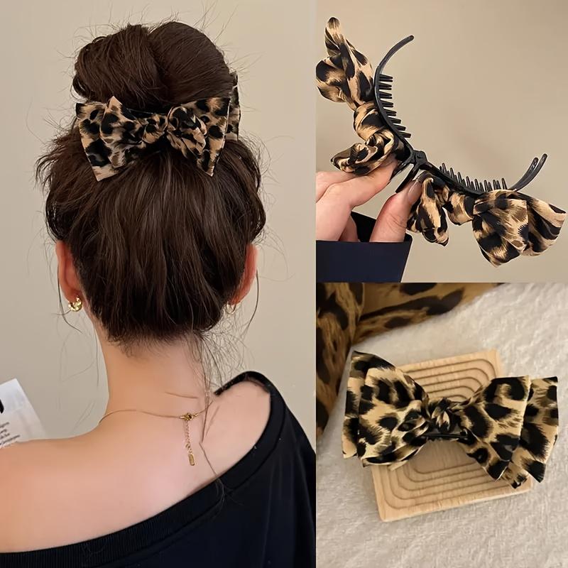 

1pc Retro Leopard Print Butterfly Bow Fabric Shark Clip Hair Claw Cute Animal Print Hair Accessory Shark Hair Clip, Ponytail Styling