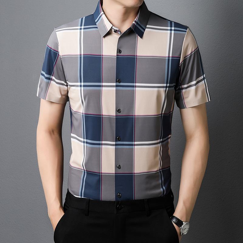 Summer Men's Short Shirt New Youth Business Fashion Casual Plaid Lapel Short-sleeved Shirt Men's Clothing