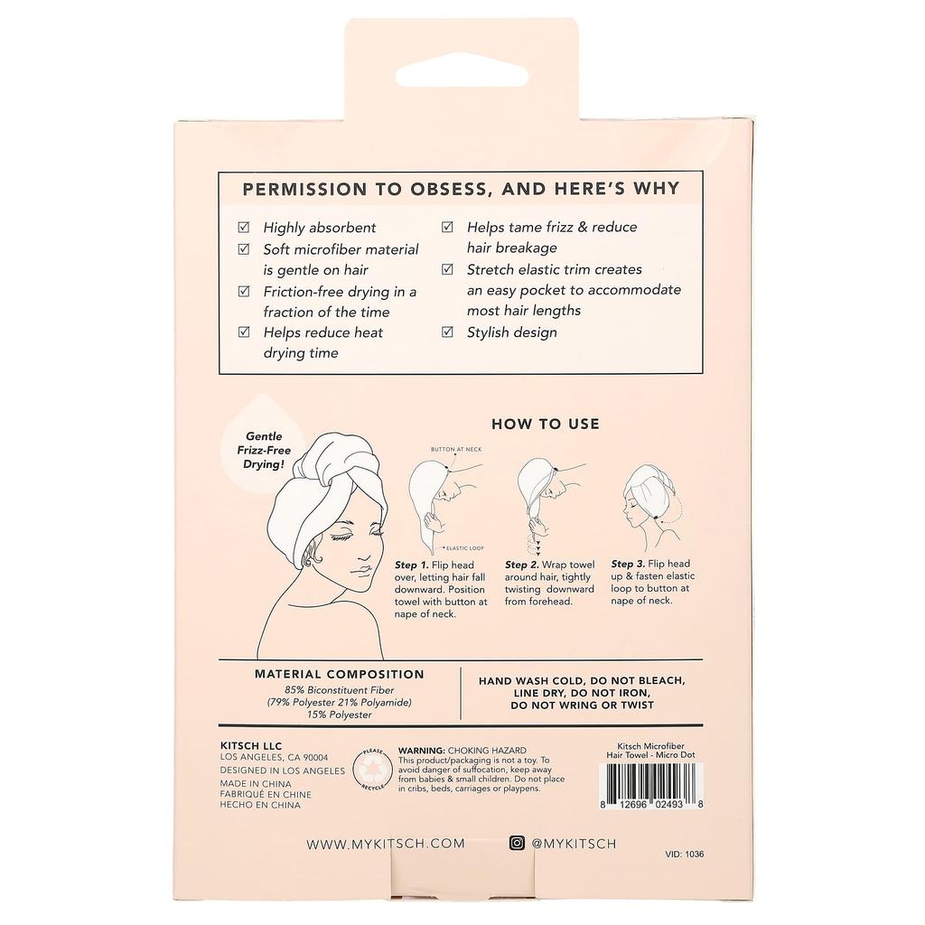 Kitsch Quick-drying Microfiber Hair Towel, Micro Dot, 1 Type