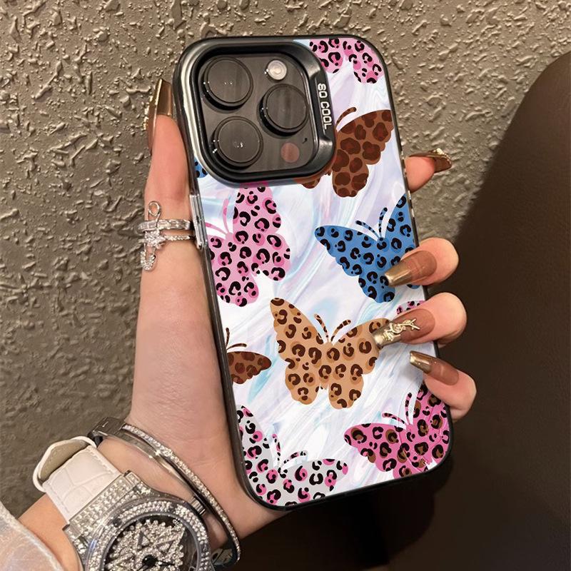 Silver Leopard Print Butterfly Phone Case for iPhone 15/14/13 Pro Max/12/XR/XS/7/8