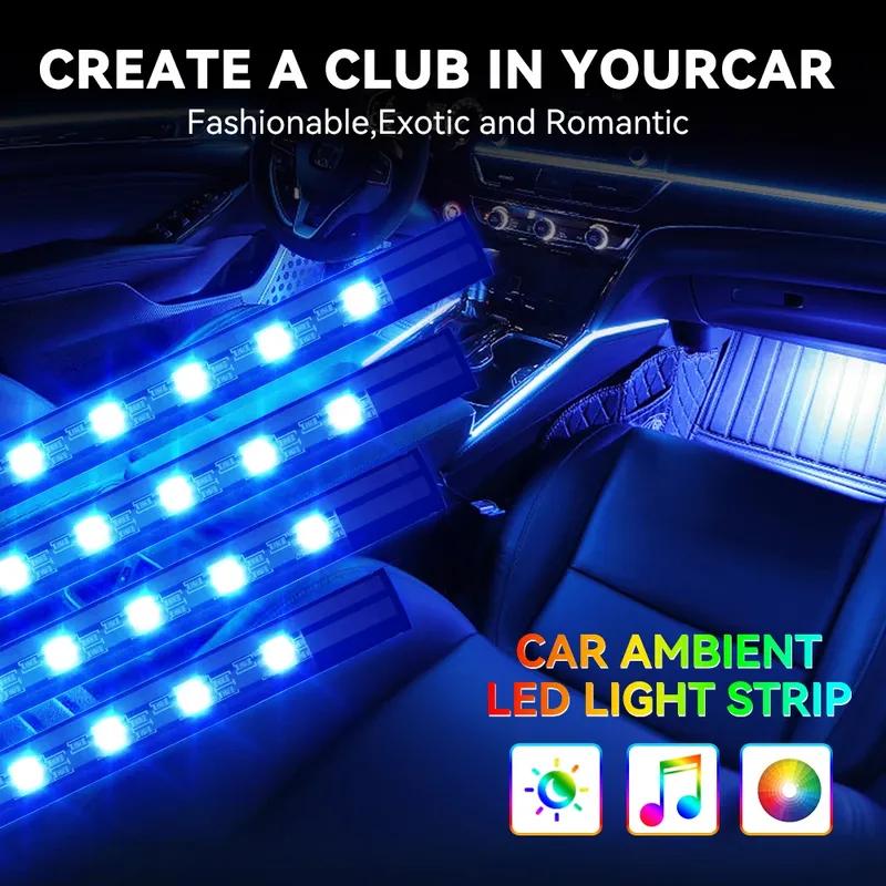 Tiras LED RGB Ambientales para Coche Neón Luces Interiores de Automóvil Control por Música Led Atmósfera Automática Luces de Ensueño Flexibles Decoración para Fiestas