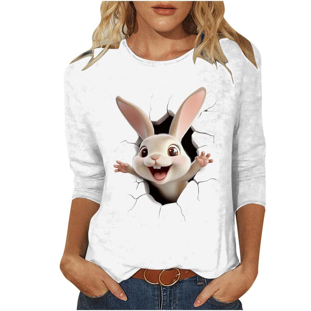 Round Neck 3D Rabbit Printed Top Fashionable Casual Long Sleeved Women's T-shirts