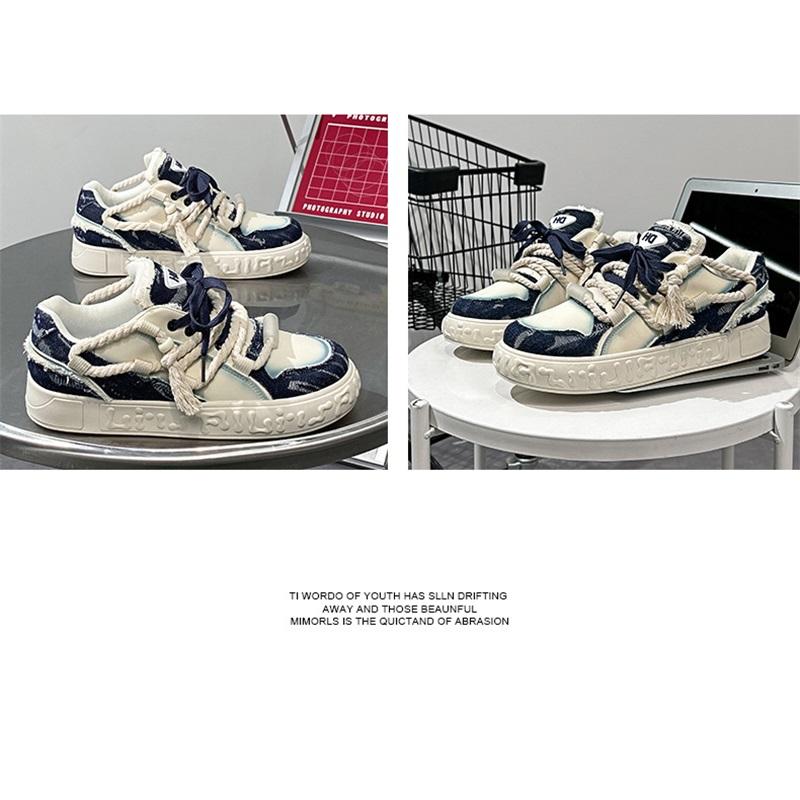 Sneakers Patchwork di Jeans Scarpe Casual con Lacci e Plateau
