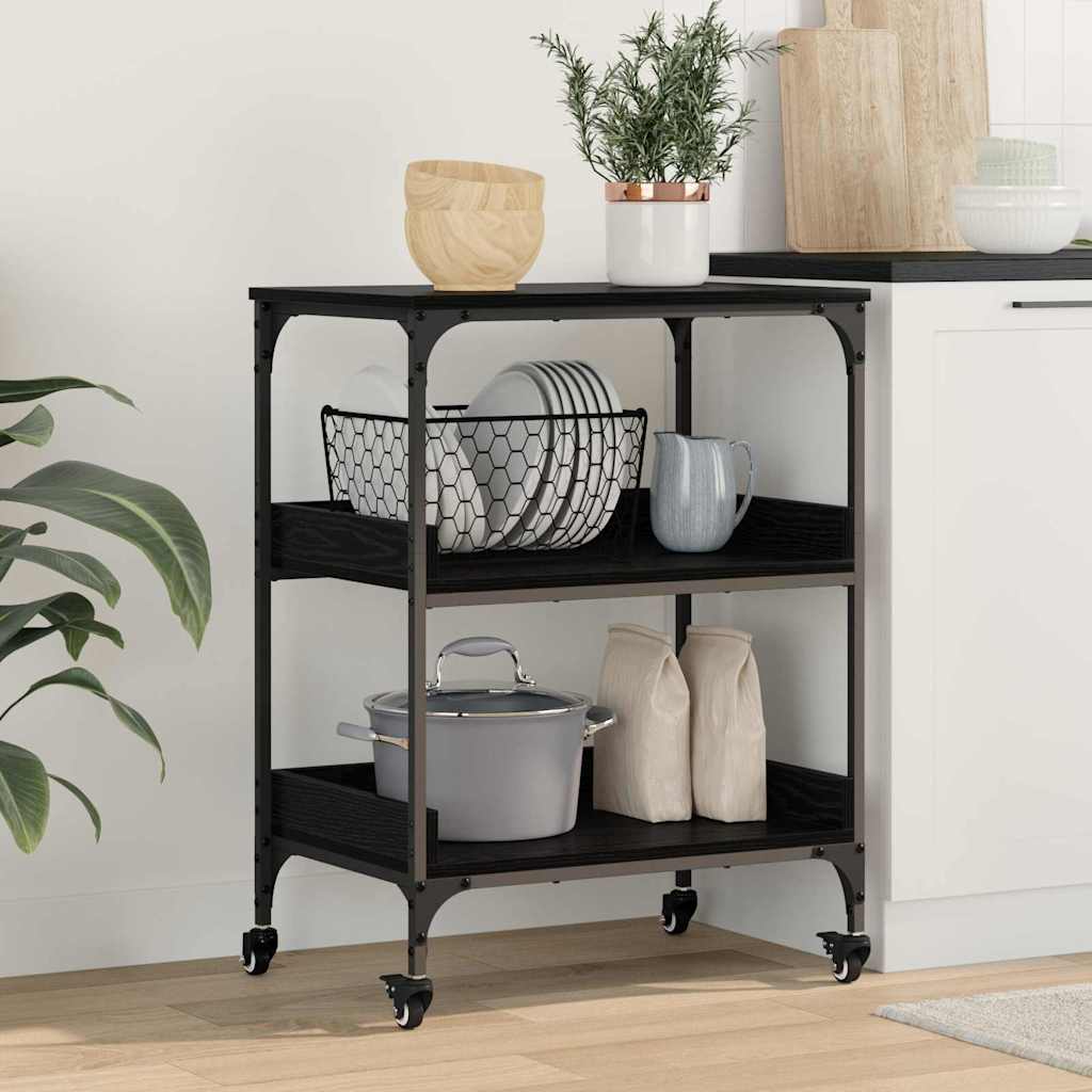 Kitchen Trolley Black Oak Effect 60 X 41 X 80.5 Cm