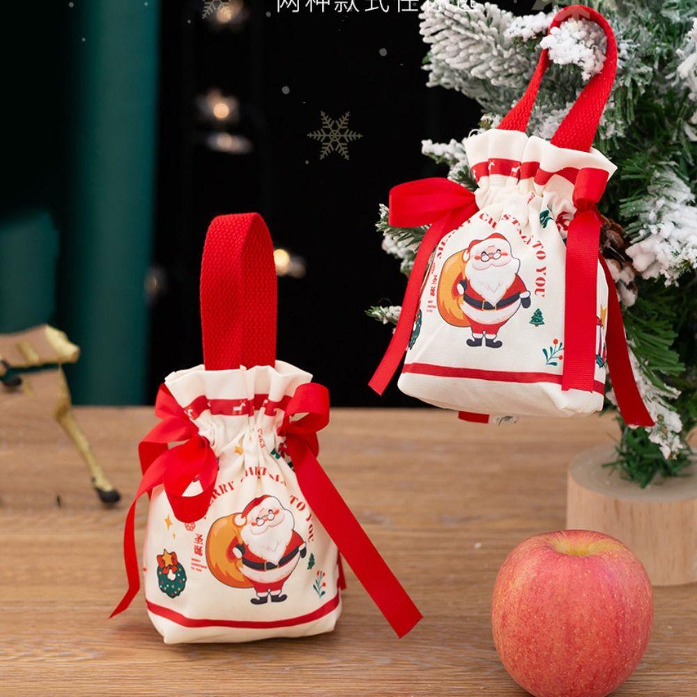 

3Pcs Canvas Santa Claus Handbag Bowknot Drawstring Candy Bag New Year Festival Gifts 3Pcs