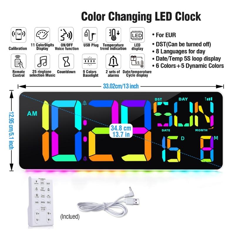Multifunctional LED Digital Wall Clock 13inch with Remote Controls, Big Screen for Easy Viewing, Temperature and Date