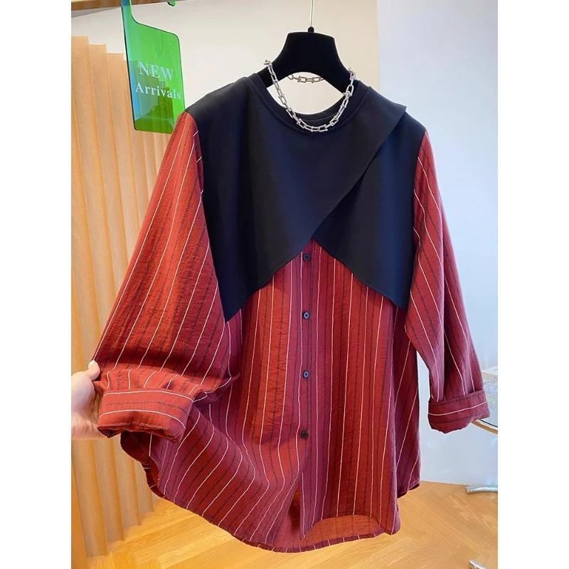 

High-end Red Striped Patchwork Shirt, Autumn Loose Fake Two-piece Temperament Top 3XL червоний