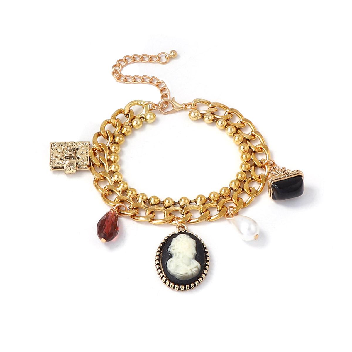 

Light luxury retro minimalist design sense alloy geometric imitation pearl angel pendant wide chain bracelet women