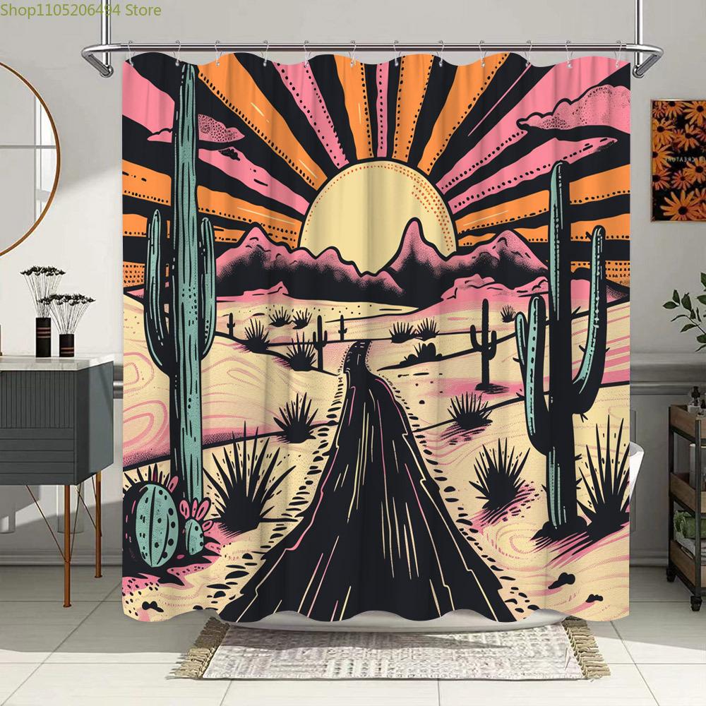 1pc Large 70x70 Inch Retro Desert Sunset Shower Curtain - Vintage Western Bathroom Decor with Cactus, Mountains, Pink & Orange