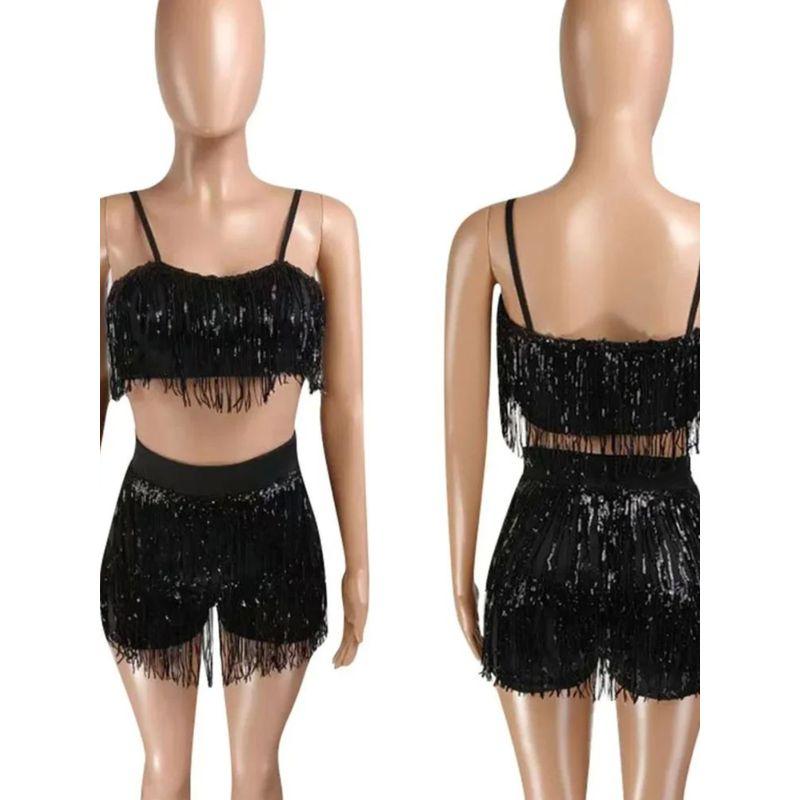 Sexy Suspender Sequin Fringe Shorts Set Sequined Suspender Tassel Shorts Suit