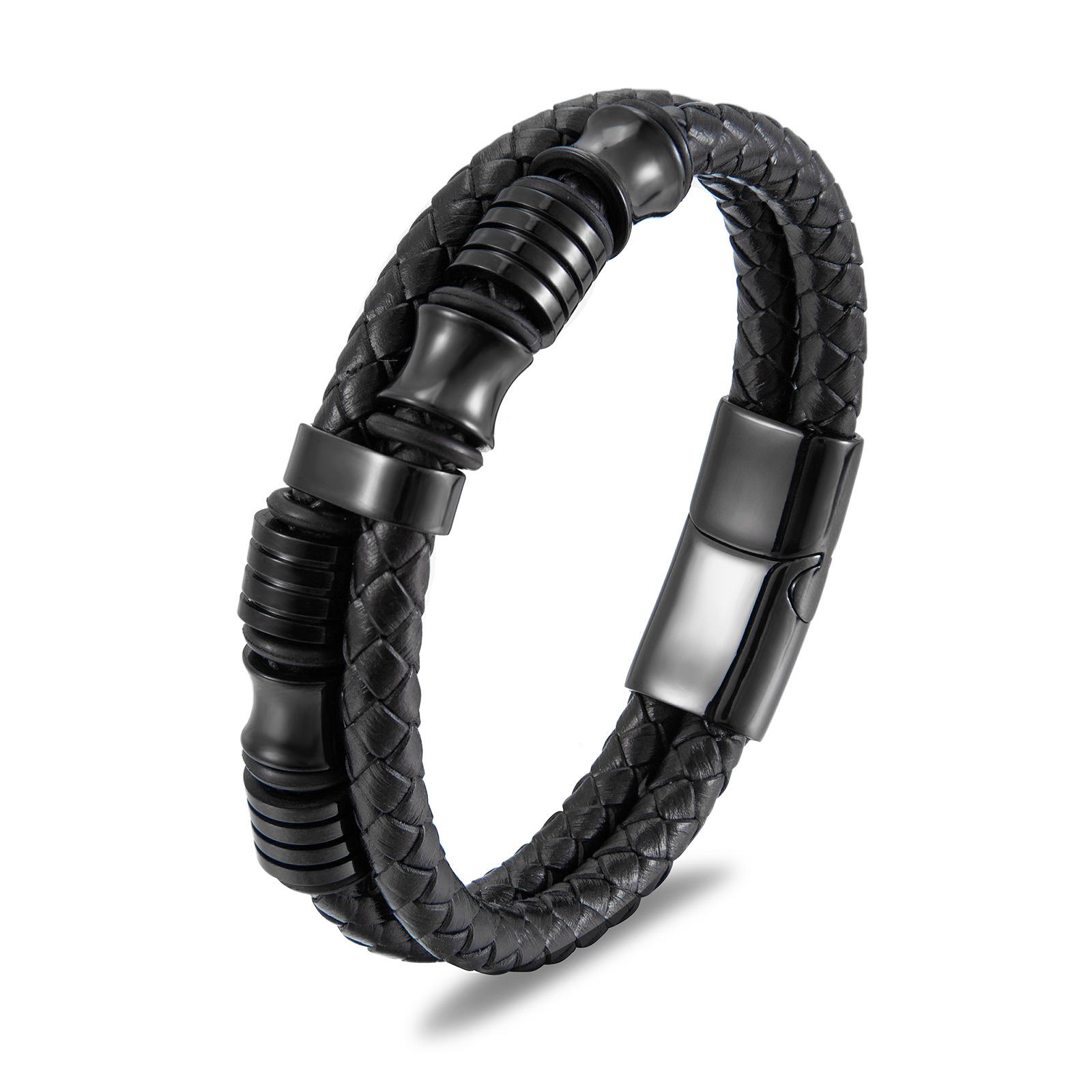 Double-layer leather woven titanium steel leather bracelet ring, stainless steel leather rope bracelet male finished product