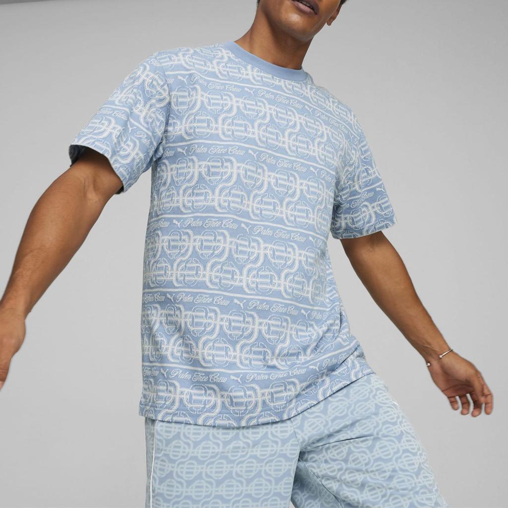 Puma X Palm Tree Crew Collaboration Striped Tee All Over Print Casual Round Neck Short Sleeve T-Shirt Men Tops Sky-Blue 625073-20