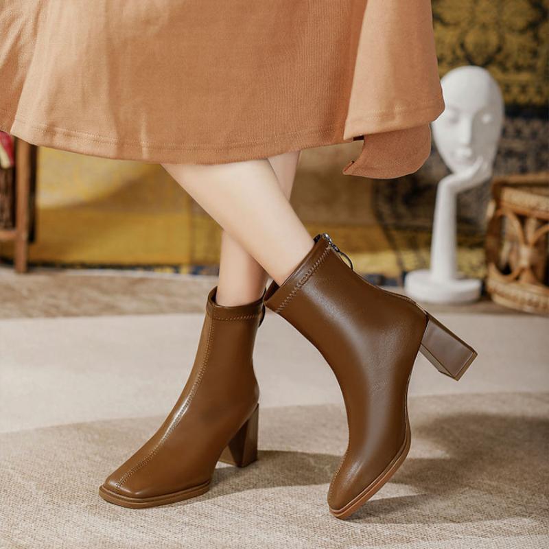 Ghete de damă franțuzești cu toc înalt, până la gleznă, cu toc gros, cizme de modă, piele moale, cizme simple de primăvară și toamnă, cizme cu vârf pătrat