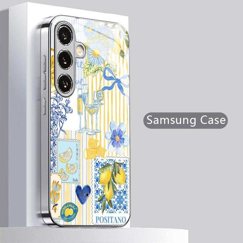 South Italian Lemon Pattern 2D Phone Case for SamsungS26 S25 S24 S23 S22 S21 S20 A56 A36 A16Electroplated Glass Protective Cover
