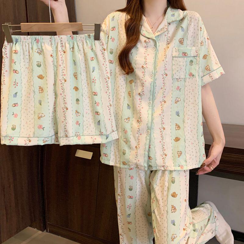 Women's Cloud Cotton Three-Piece Pajama Set - Spring/Summer Short-Sleeve Lapel Cardigan, Sweet Forest Girl Homewear Style