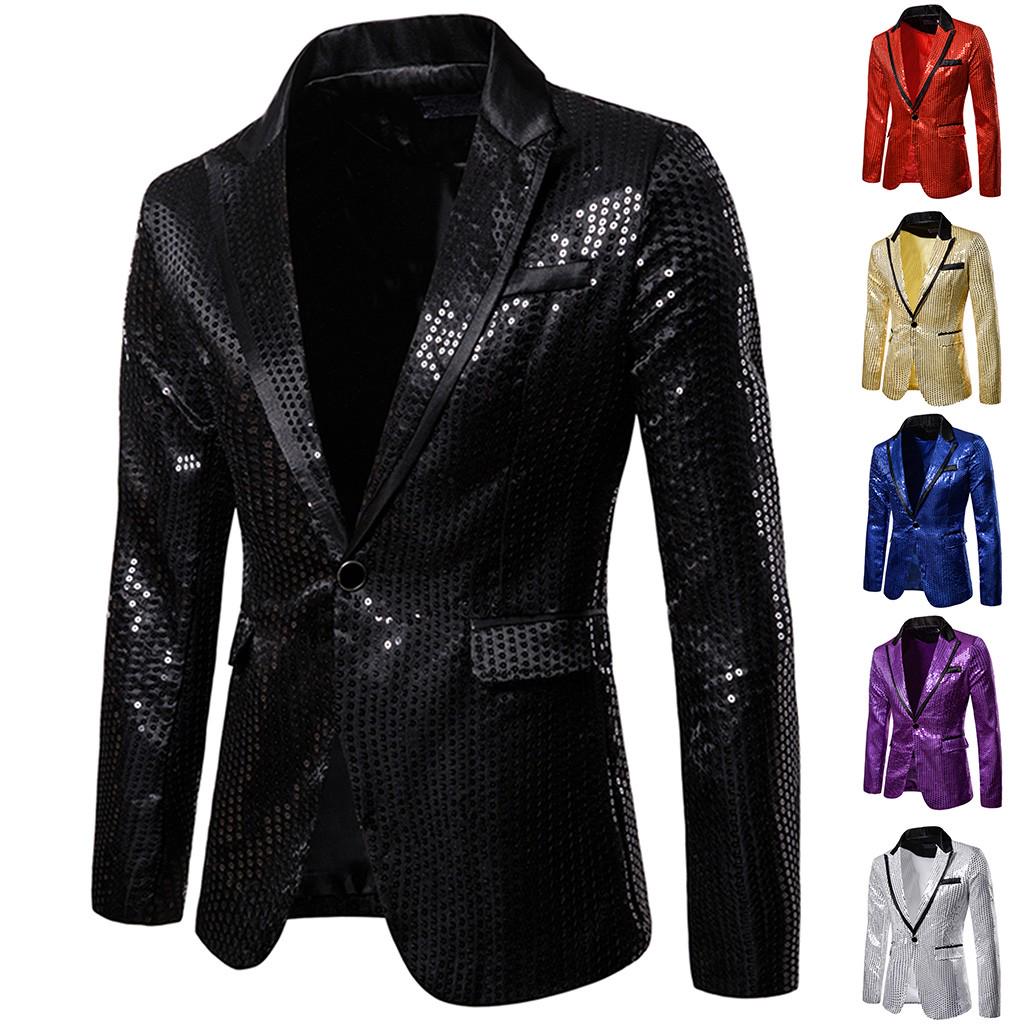 Charm Men's Casual One Button  Fit Suit  Coat Jacket Sequin Party Top