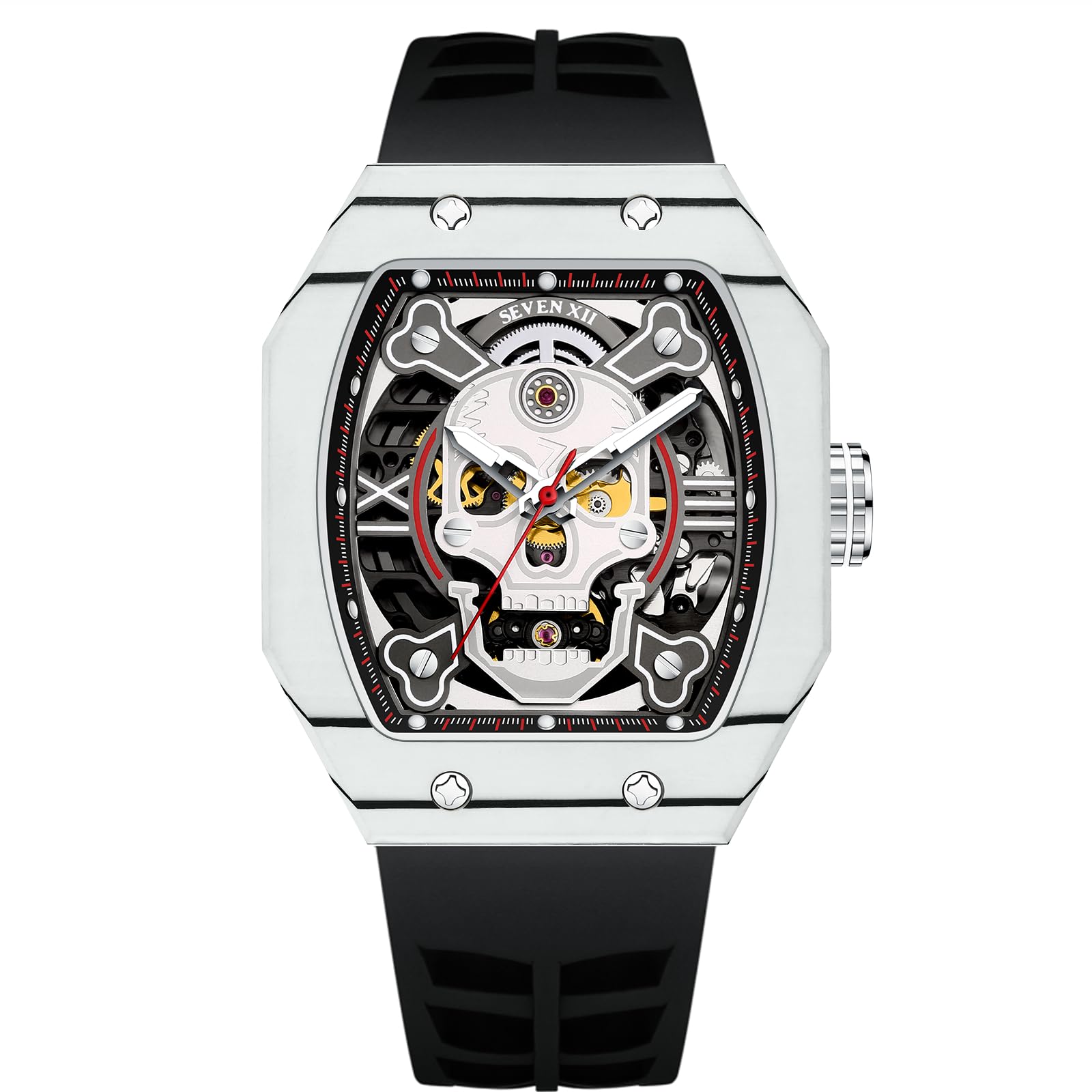 

SEVEN XII Mechanical Automatic Skeleton Watch with Carbon Fiber Barrel Tonneau Luminous Popular Watch Men s Case, Shape, Shape, Dial, Waterproof,
