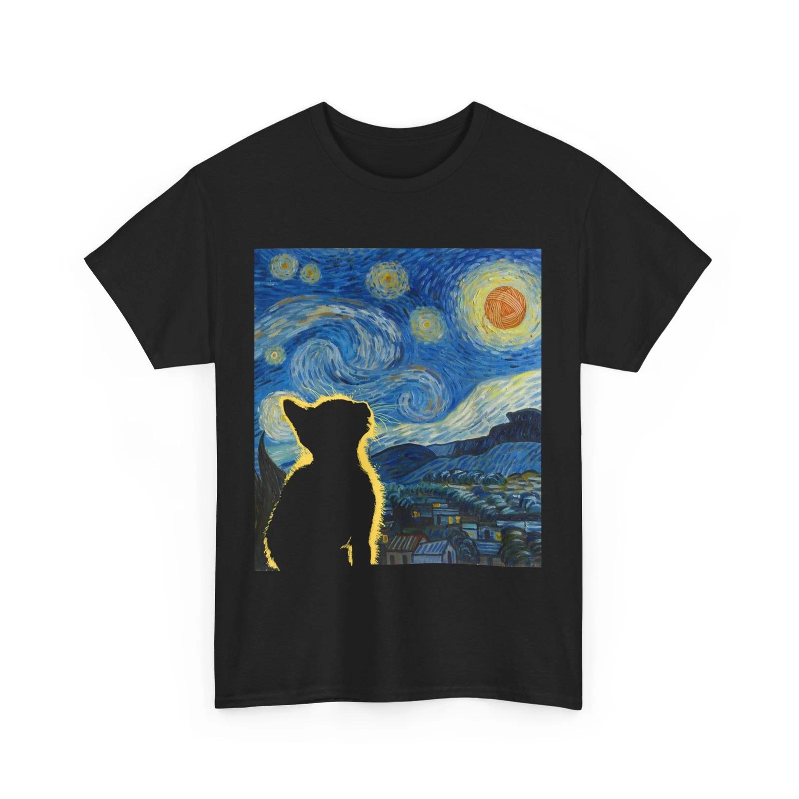Cat Shirt, Starry-Night Cat Van Gogh Art Lovers Women Men T-shirt L