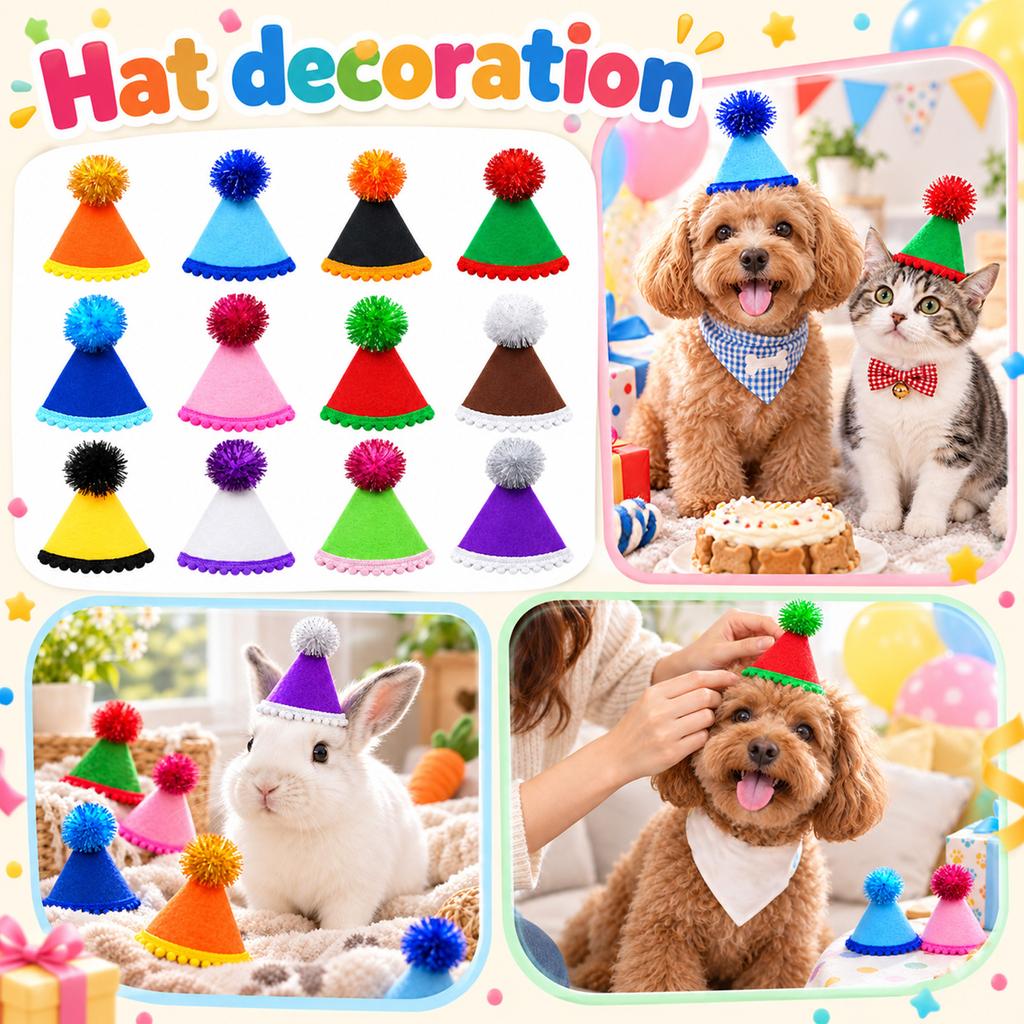 Pet Birthday Hat with Pom Poms for Dogs Cats and Rabbits, Photo Prop Party Decoration