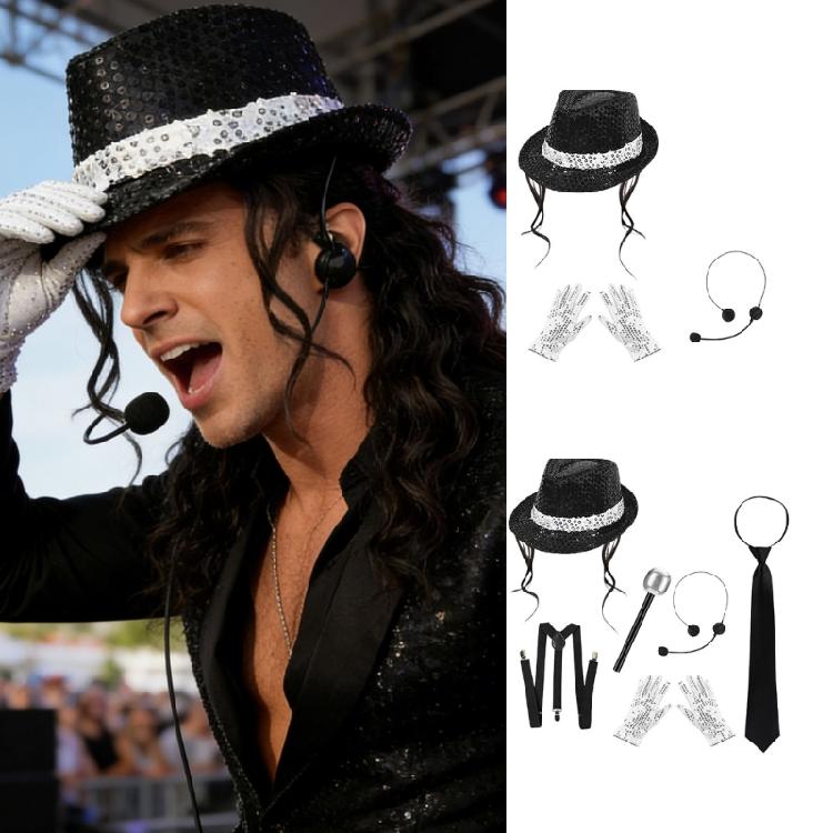 Tanzstern Kostüm 80er 90er Beliebte Bühnenoutfits Rockstars Kostüm Hosenträger Fliege Handschuhe Perückenkappe Halloween Kostüme