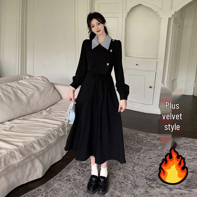Plus Size French Velvet Campanula Two-Piece Autumn/Winter Dress - Waist-Cinched, Slimming Mid-Length.