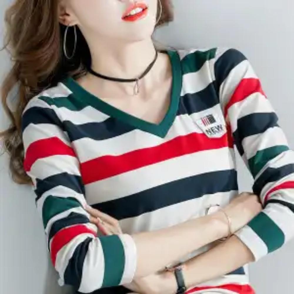 Stylish Patch Designs Pullovers Spring Autumn Round Neck Button Long Sleeve Women's Clothing Slim Casual Striped Basic T-shirt