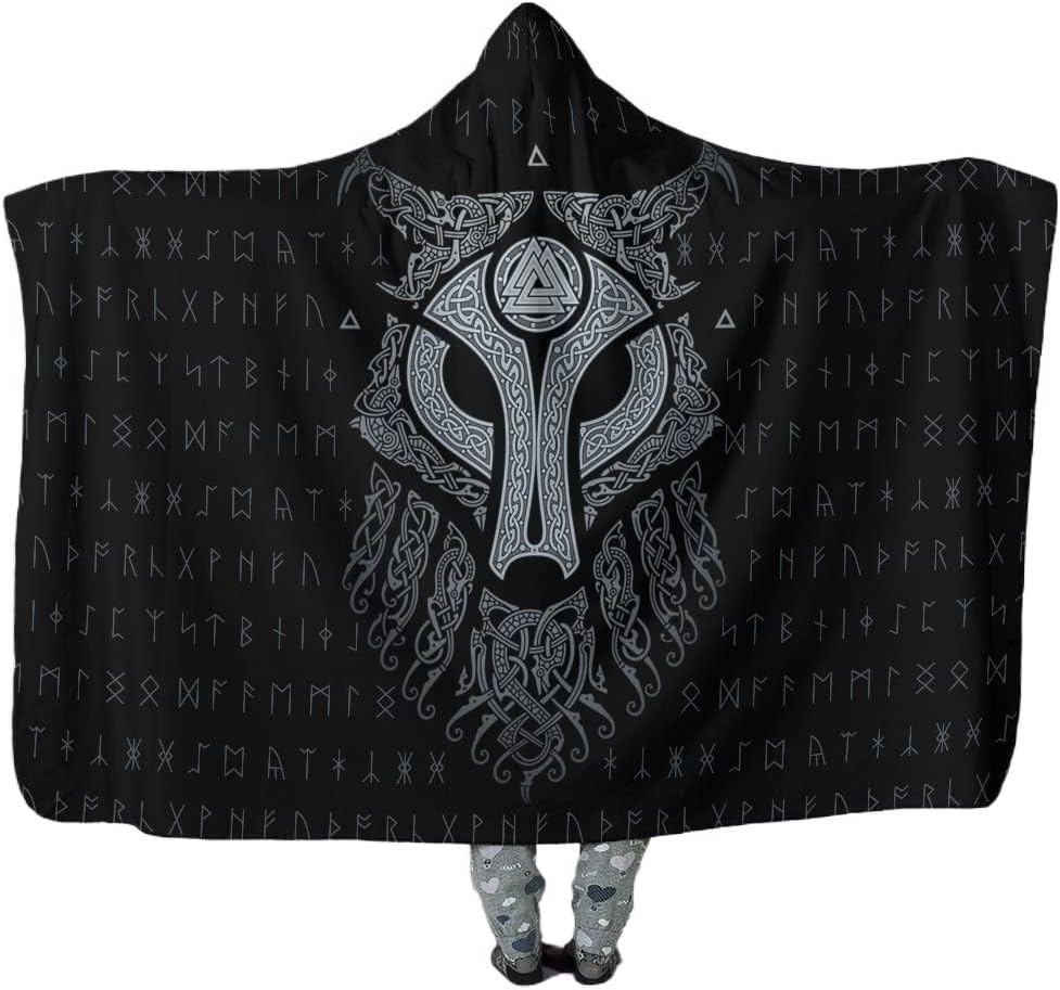 Viking Wolf Hooded Blanket Cloak Norse Runes And Fenrir Wolf Pattern Wearable Blanket Warm Throw Blanket Cape 3D Print Wrap Blan
