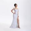 Cross-border European and American Banquet Design Sleeping Split Dress Heavy Industry One-word Collar Slim and Thin Sequined Dress Long Dress