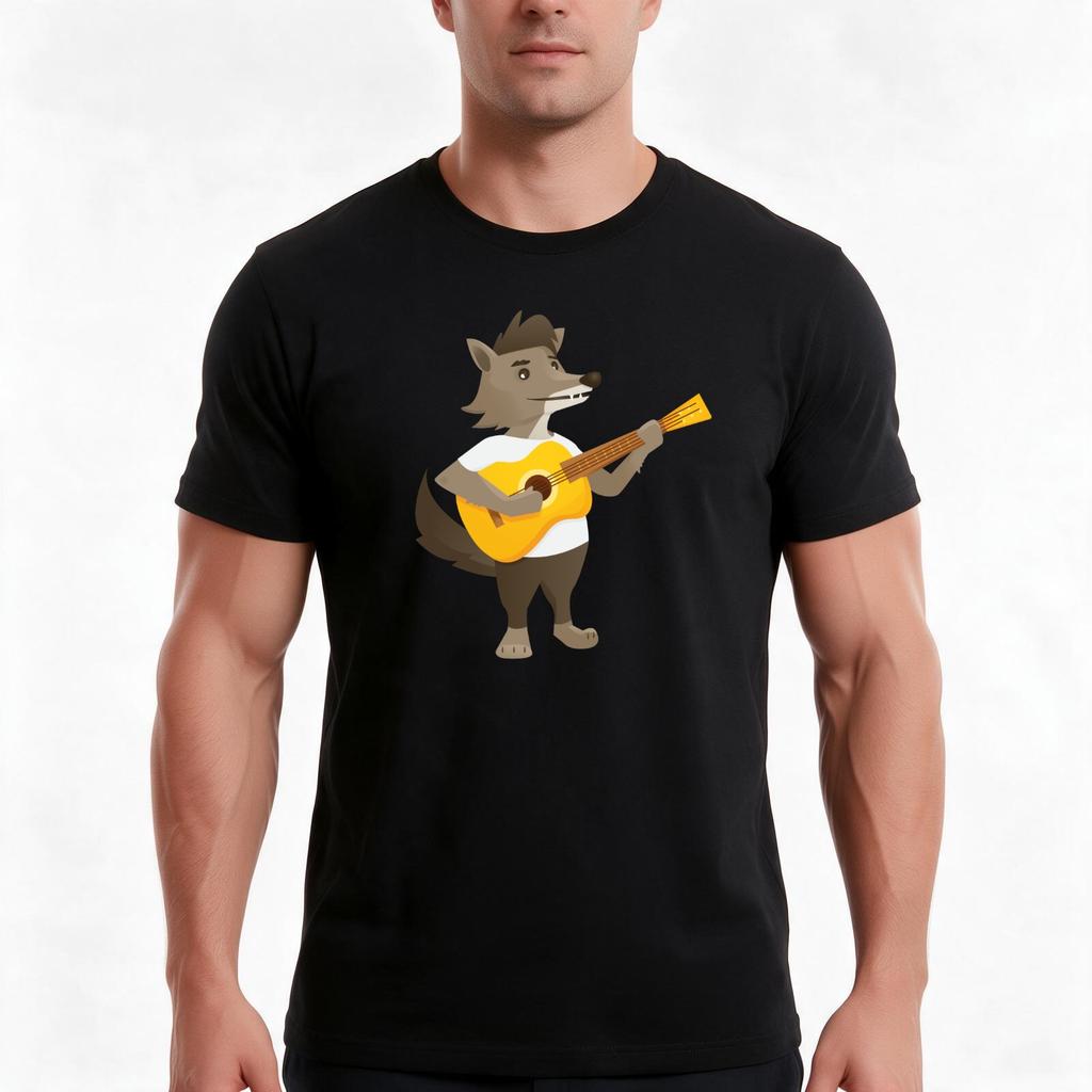 Cute Wolf Playing Music With Guitar Tshirt Summer Casual Cotton Tee Oversized Streetwear Tops Vintage Graphic Print