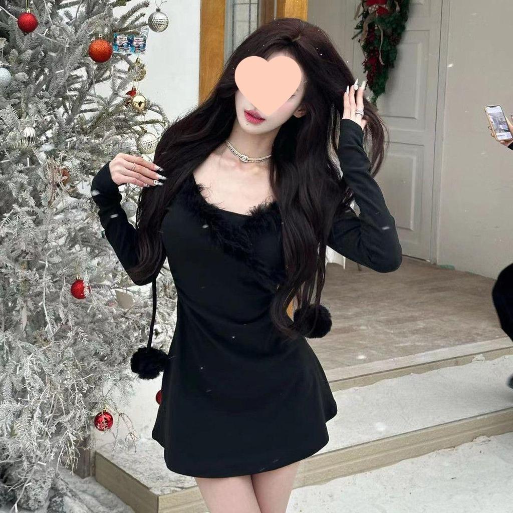 Women's Fuzzy Patchwork Hooded Knitted Dress - Waist-Slimming Long Sleeve Bodycon Mini