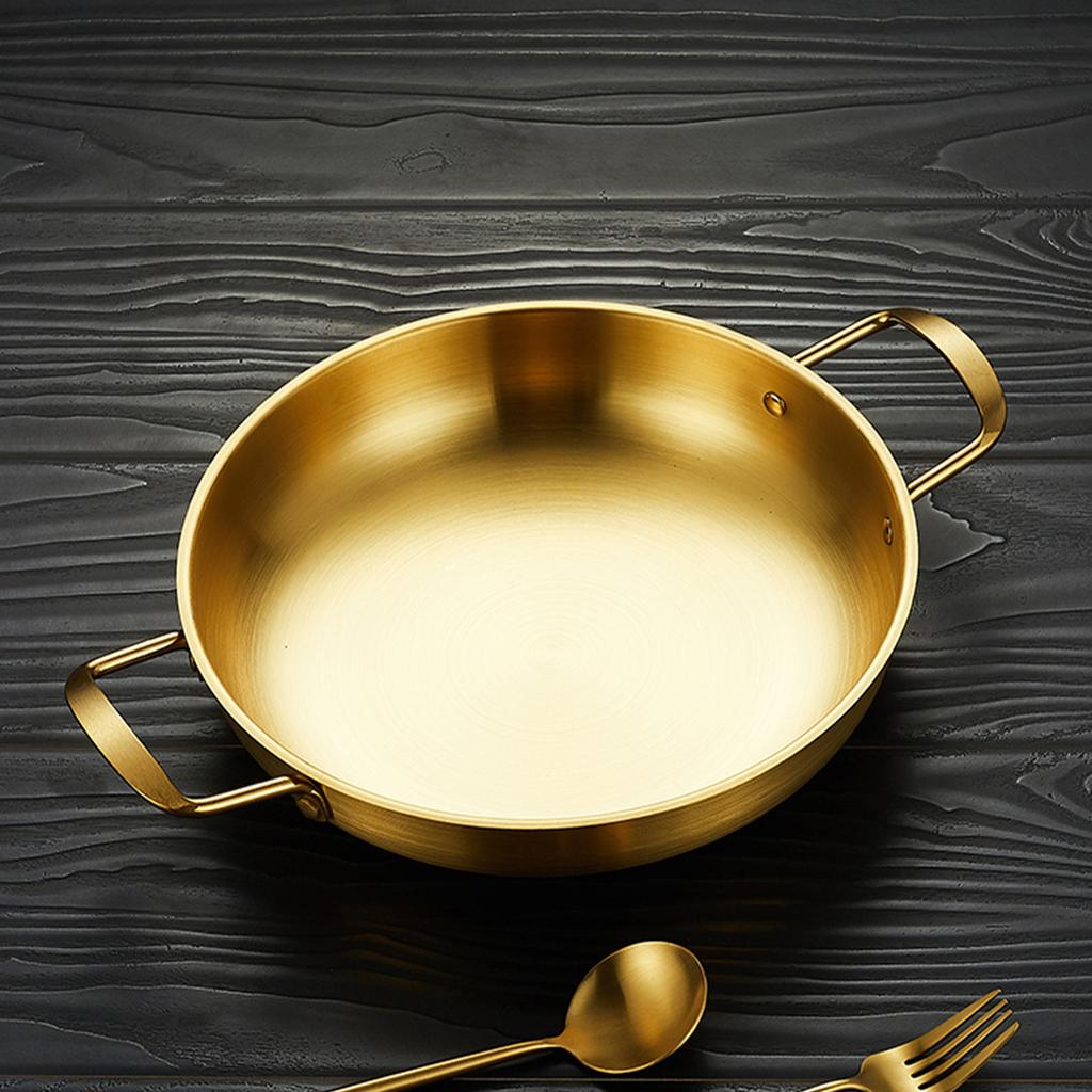 Doppelgriff-Bratpfannen 1350ML Verdickte Edelstahl-Bratpfanne mit flachem Boden zum Kochen von Meeresfrüchten, gebratenem Reis, Gold