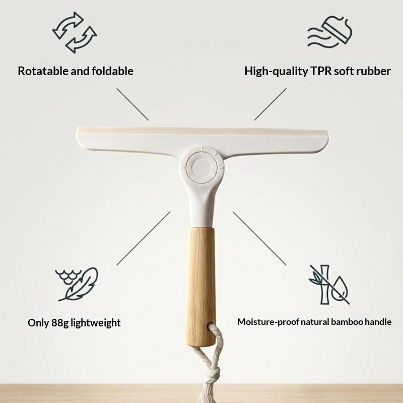 Rotating Soft Silicone Window Squeegee Non Scratch Glass Wiper with Natural Wooden Handle for Shower Door Car Detailing