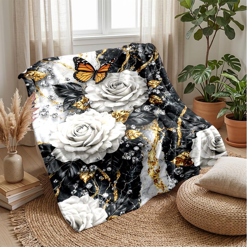 Elegant Rose Butterfly Marble Theme Blanket Lightweight Warm Flannel Blanket Decorative Throw Blanket for Home Decoration