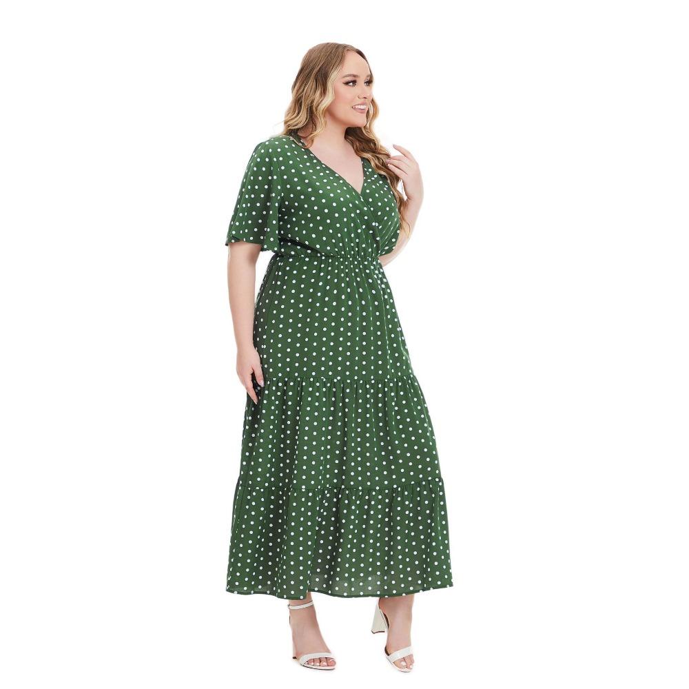 Sommerliches Polka Dot-Kleid in Übergröße mit V-Ausschnitt und kurzen Ärmeln im europäischen und amerikanischen Stil