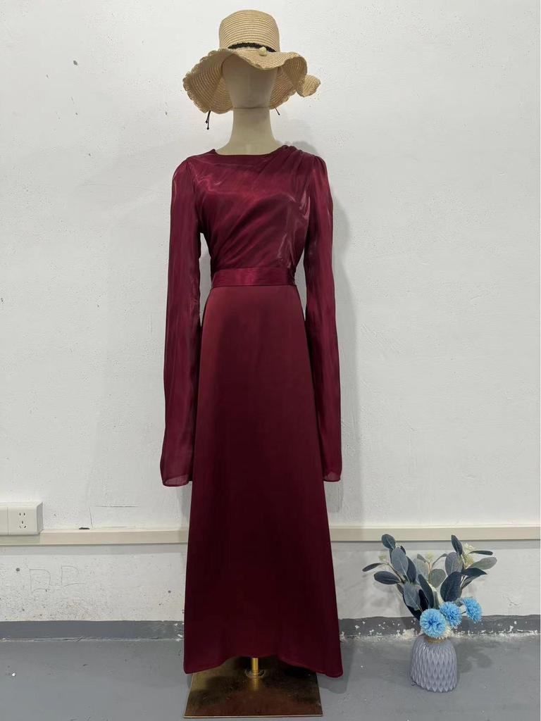 2025 Spring Socialite Slimming Spliced Glass Yarn Long Sleeve Satin Dress