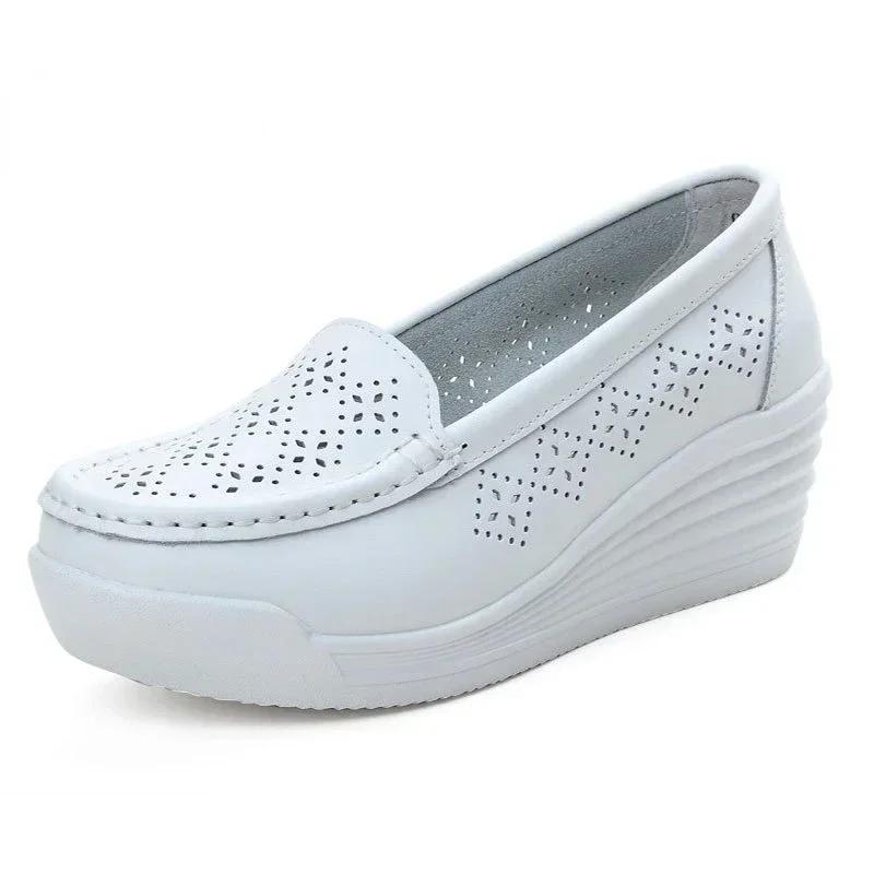 Women Wedge White Shoes Platform Shoes Fashion Comfortable Increase Casual Slip-on Women's Loafers Hollow Out Breathable Shoes